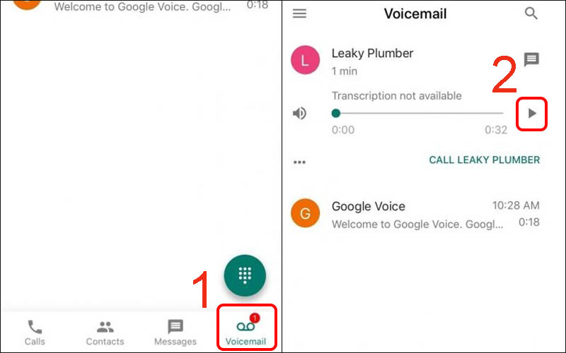 Bật tab Voicemail rồi nhấp v&agrave;o mũi t&ecirc;n để nghe lại cuộc gọi đ&atilde; ghi &acirc;m